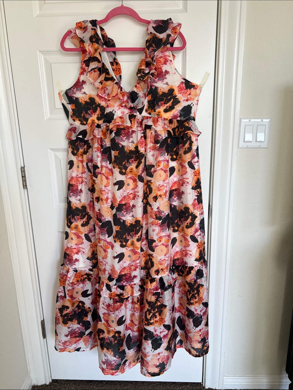 Ruffled Floral Midi Dress - Pink & Orange